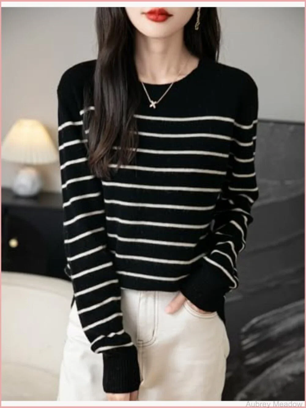 100% Merino Wool Crew Neck Striped Long Sleeve Pullover Sweater